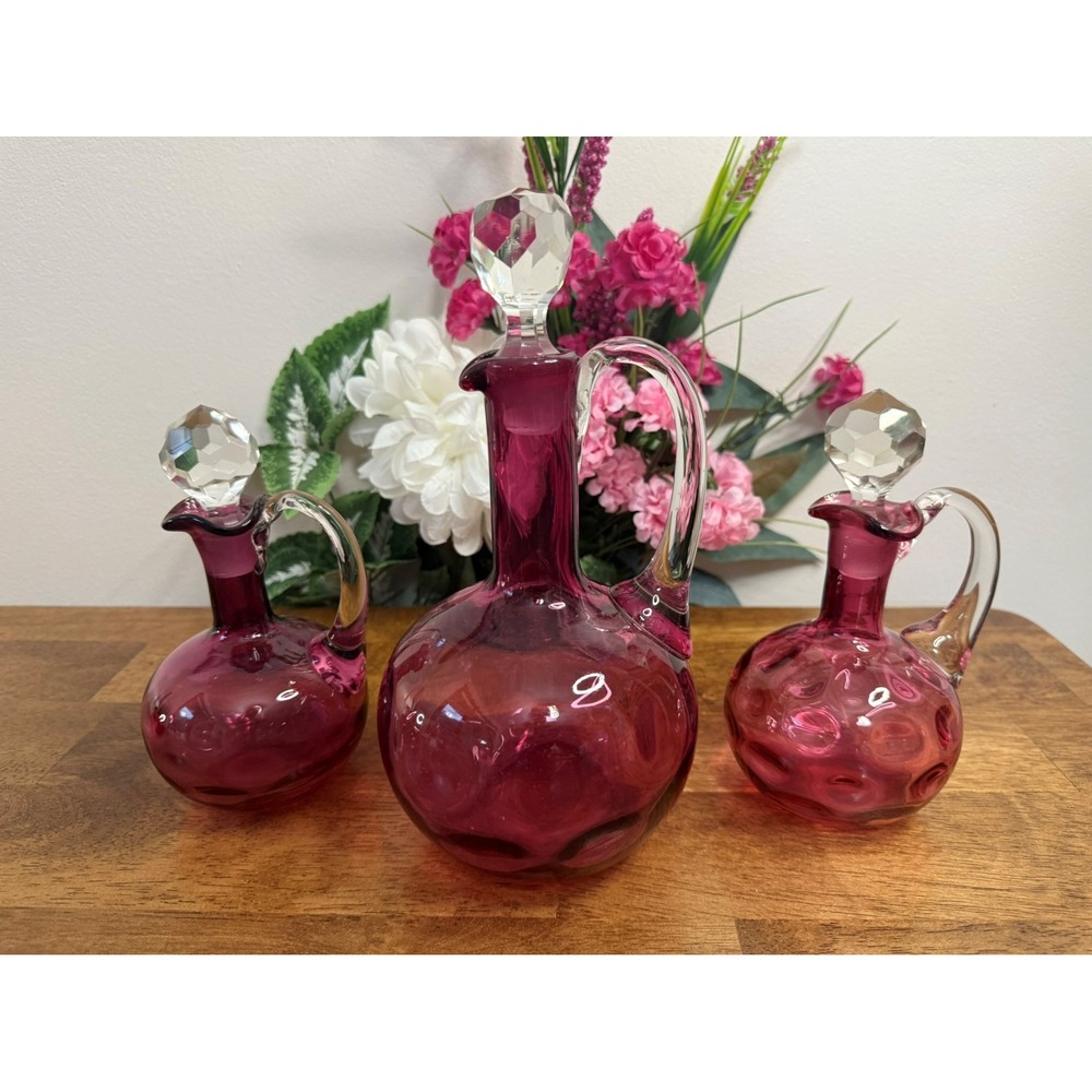Fenton Cranberry Coin Dot Glass Cruet Set Large And Pair Mid Century Art Glass